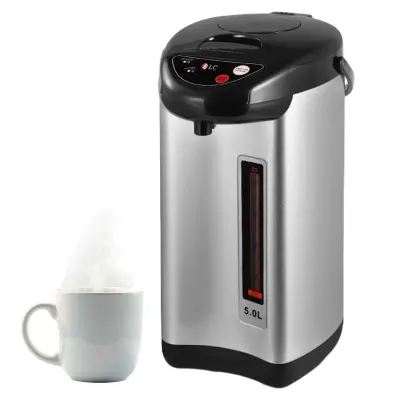 DLC 5 Liter Stainless Steel Electric Thermo Pot 890W With 3-way Dispensing System, Fast Heating, Water Level Gauge, And Safety Auto Shut-off. Ideal For Home Or Office