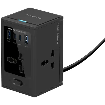 Porodo Universal GaN Multi-Port Cube Adapter 2500W with 4 AC Sockets, PD 30W USB-C, Dual USB-A & UK 3-Pin Plug – Black
