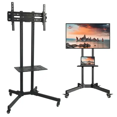 Generic Mobile Rolling Floor TV Stand Trolley Cart Bracket Mount with Shelf and Lockable Caster Wheels for 32 to 70 Inch Screens Heavy Duty 50kg Capacity Model 1500 Black