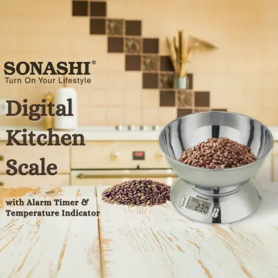Sonashi 5KG Digital Kitchen Weighing Scale with 2.4L Stainless Steel Mixing Bowl, Precision 1g Measurement, LCD Display, Built-in Alarm Timer