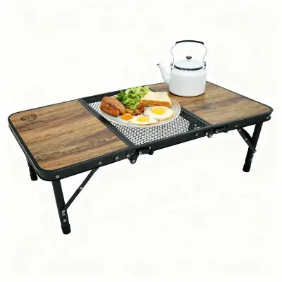 Generic Camping BBQ Folding Table – 90cm Wood & Steel Mesh Grill Top, Portable Outdoor Picnic Table