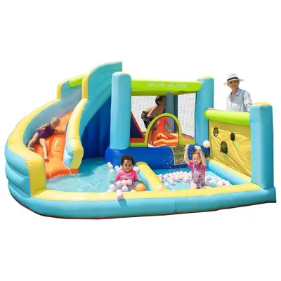 Generic Inflatable Kids Water Park and Bounce House with Curved Water Slide, Splash Pool, Climbing Wall, Jumping Castle