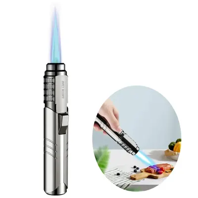 Green Lion Jet Flame Windproof Lighter 1300°C High Temperature Refillable Butane Torch with Adjustable 16cm Flame for Cooking BBQ and Camping - Gunmetal