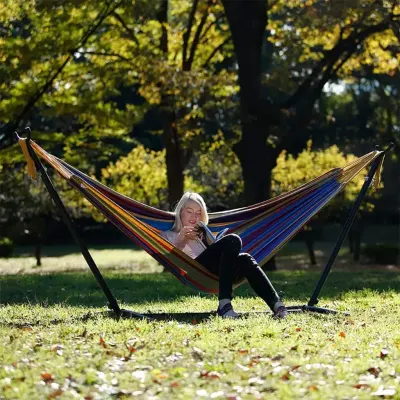 Generic Double Hammock with 9FT Space Saving Steel Stand Includes Portable Carrying Case, 450 Pounds Capacity, Outdoor Hanging Bed