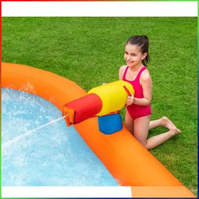 Generic Inflatable Kids Mega Water Park with Giant Curved Water Slide, Large Splash Pool, Climbing Wall, Overhead Water-Dumping Bucket, Water Blaster, Crawl-Through Tunnel
