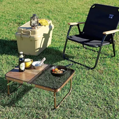 Generic Foldable Camping Table 60×40cm – Wood & Steel Mesh Dual Surface, Portable Outdoor BBQ Table