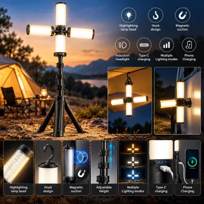 Generic 4-Panel Rechargeable LED Camping Light with Adjustable Tripod Stand, 172cm Extendable Height, 180° Vertical and 270° Horizontal Light Adjustment