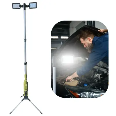 OMEGA Dual-Head Rechargeable LED Tripod Camping Light – 8000-Lumen Max, 6000mAh Battery, 75–150 cm Telescopic Stand, 3 Modes + Flashing, Carry Bag