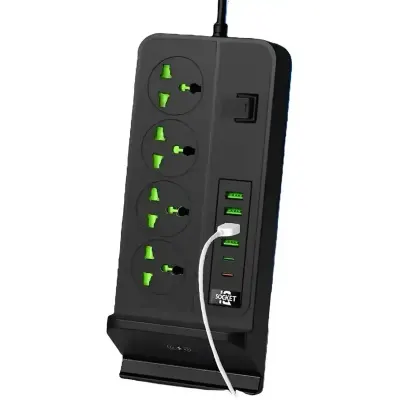 HeatZ 10-in-1 Power Socket with 4 Universal Outlets, 6 USB Ports & 2 Meter Cable - Black