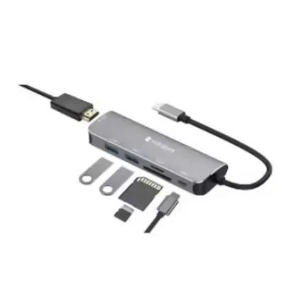 MpBlberri 6-in-1 Type-C to Multi-function Dock Station with (1 HDMI 4K), (SD/TF), (2 USB-A), (1 Type-C PD 3.0) Ports, MpBlberri BLB-OT559 - Black & Grey