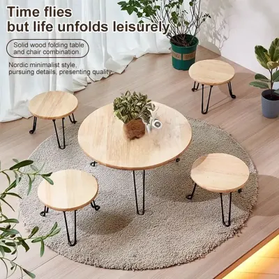 Generic Premium Round Solid Wood Folding Camping Table,  Nordic Minimalist Style with Sturdy Metal Legs