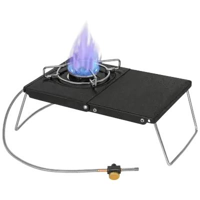 Camping Family 5800W Portable Foldable Camping Gas Stove with Integrated Side Table, Single Burner Outdoor Cooking Stove, 100cm Gas Hose