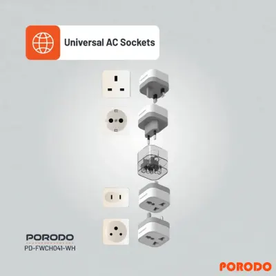 Porodo 2500W Universal AC Adapter, High Power Travel Plug, 150+ Countries Compatibility, Porodo PD-FWC041-WH - White