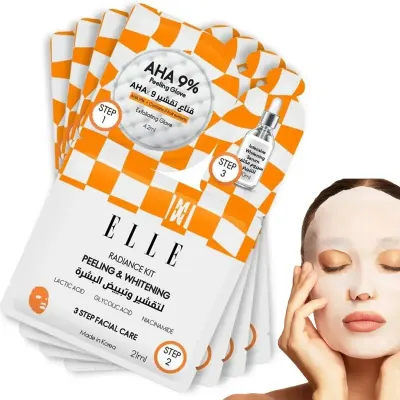ELLE Radiance Kit Peeling & Whitening 3-Step Facial Care Treatment with 9% AHA Peeling Glove, Hydrating Soothing Sheet Mask & Intensive Niacinamide Brightening Serum, Lactic Acid, Glycolic Acid & 5 Fruit Extracts, 4 Pack