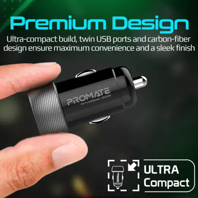 Promate 20W Dual Port Car Charger with USB-C PD & QC 3.0