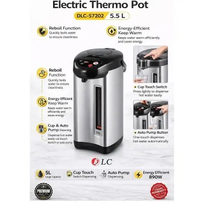 DLC 5 Liter Stainless Steel Electric Thermo Pot 890W With 3-way Dispensing System, Fast Heating, Water Level Gauge, And Safety Auto Shut-off. Ideal For Home Or Office