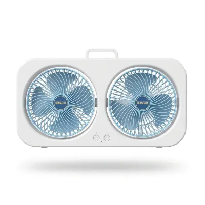 Generic Rechargeable Double-Head Circulating Table Fan with Independent 90° Adjustment, 3-Speed Airflow, Type-C Charging, Low-Noise Operation, Carry Handle and Mobile Phone Holder Blue