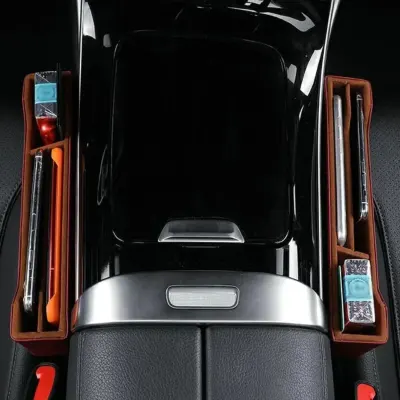 Zhuse Car Seat Seam Gap Storage Organizer with Multiple Compartments, Charging Cable Slot and Leather Finish, Black and Brown – ZS-CA-001