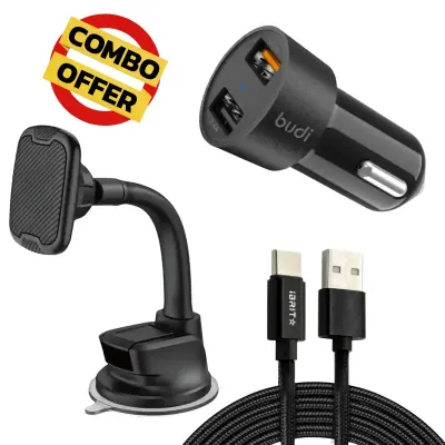 Combo QC 3.0 Dual-Port Car Charger + 2-in-1 Magnetic Car Phone Holder + Type-C Charging Cable