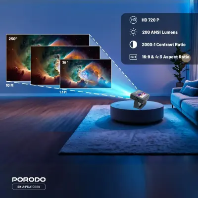 بورودو جهاز عرض سينمائي ذكي عالي الدقة من أوبتيفيس يدعم دقة 4K، يعمل بنظام أندرويد 12، مزود بشاشة لمس سعوية مدمجة مقاس 7 بوصات، سطوع 200 لومن ANSI، ضبط تلقائي للتركيز، تصحيح تلقائي للانحراف، نطاق 30-250 بوصة.