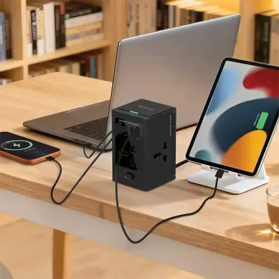 Porodo Universal GaN Multi-Port Cube Adapter 2500W with 4 AC Sockets, PD 30W USB-C, Dual USB-A & UK 3-Pin Plug – Black