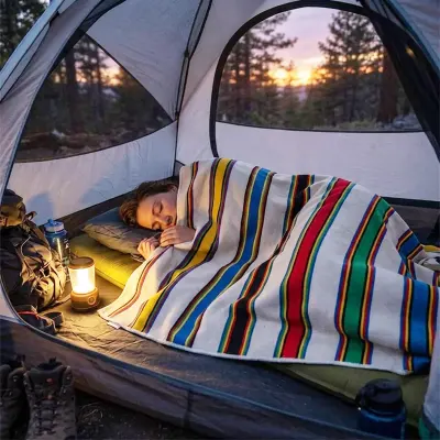 Camping Family Portable Camping Blanket 90 X 60cm with Multicolour Striped Woven Fabric Design, Foldable Lightweight-Style Outdoor Picnic Blanket