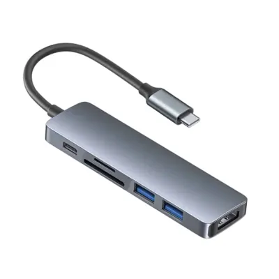 MpBlberri 6-in-1 Type-C to Multi-function Dock Station with (1 HDMI 4K), (SD/TF), (2 USB-A), (1 Type-C PD 3.0) Ports, MpBlberri BLB-OT559 - Black & Grey