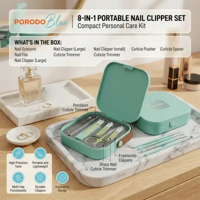 بورودو طقم محمول للعناية بالأظافر والمانيكير 8 في 1 مع قصافة أظافر كبيرة وقصافة صغيرة وقصافة لأظافر اليد ومقص أظافر ومبرد ومشذب للجلد المحيط بالأظافر ودافع للكيوتكل وملعقة للكيوتكل مع علبة تخزين مدمجة مناسبة للسفر أخضر
