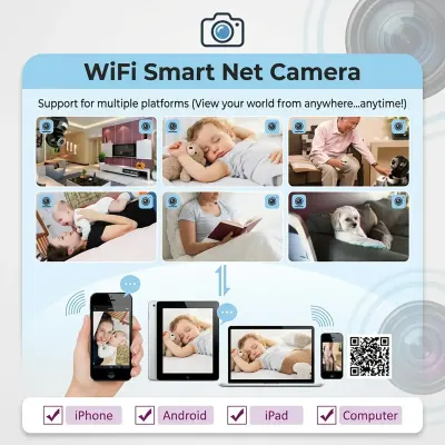Generic 720P WiFi Smart Indoor IP Security Camera with 355° Pan & 90° Tilt, IR Night Vision, Motion Detection, Two-Way Audio, 2.4GHz Wireless Connection, Remote Mobile Viewing, Up to 64GB TF Card Recording & Optional Cloud Storage