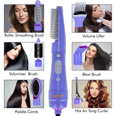 Geepas 6-in-1 Hair Styler 750W, Straighter, Volumizer, Hot Air Brush with 2 Speed Settings, Clikon GH715 - Purple