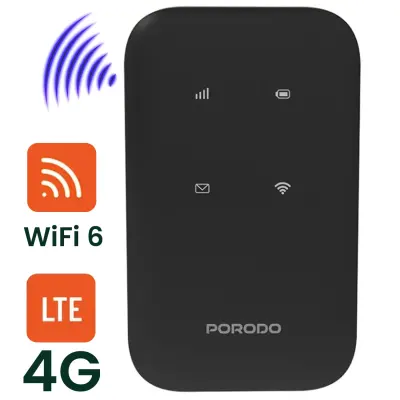 Porodo 4G LTE Pocket Router with WiFi 6 – 10 Devices, 150Mbps Speed, 3000mAh Battery, Secure WPA3, Nano/Micro SIM