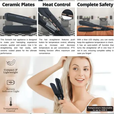 Sonashi Professional Ceramic Hair Straightener with Adjustable Temperature up to 230°C, Digital LED Display