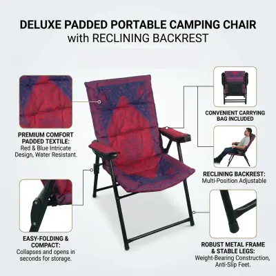Generic Deluxe Folding Camping Chair 62 × 85 × 94 cm – Reclining Backrest with Padded Seat and Carry Bag