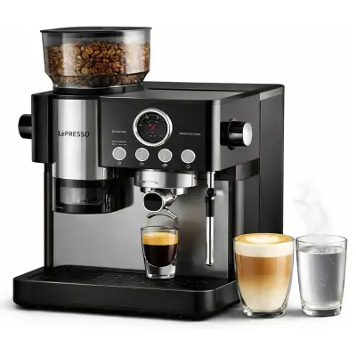 Lepresso 19 Bar Espresso Machine With Smart Tamping, Pressure Gauge, 2.8l Water Tank And 250g Bean Hopper. Brew Café-quality Coffee At Home.