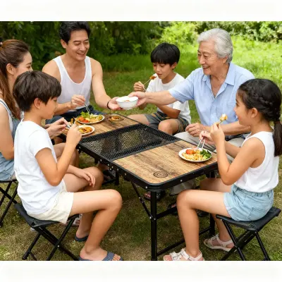 Generic Camping BBQ Folding Table – 90cm Wood & Steel Mesh Grill Top, Portable Outdoor Picnic Table