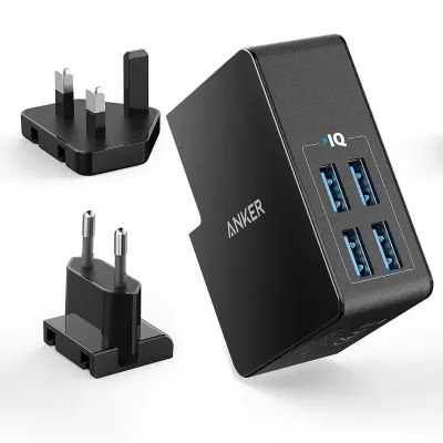 Anker 5.4A/27W 4-Port USB Plug Charger, PowerPort 4 Lite with Interchangeable UK and EU Travel Charger, Adapter for iPhone XS/XS Max/XR/X/8, Galaxy S8/Note 3, iPad Air 2/mini 3, Anker A2042L21