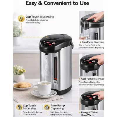 DLC 5 Liter Stainless Steel Electric Thermo Pot 890W With 3-way Dispensing System, Fast Heating, Water Level Gauge, And Safety Auto Shut-off. Ideal For Home Or Office