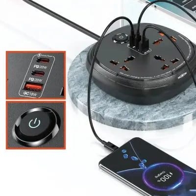 Desert PD 20W Fast Charging Power Strip with Dual USB-C, QC 18W USB-A & 4-Way UK Universal Sockets for Home & Office