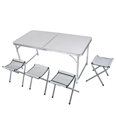 Generic Portable Folding Aluminum Alloy Outdoor Dining Table Set with 4 Stools – 120x60cm Camping Table & Chair Set, Perfect for Garden, Picnic, Kitchen, Easy to Transport and Store